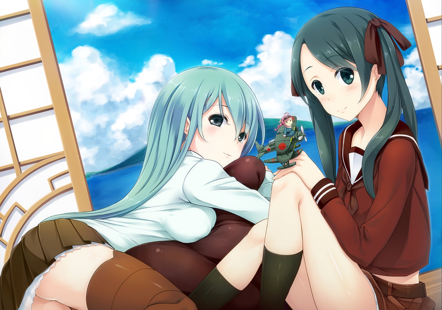2girls, anthropomorphism, black_eyes, blue_hair, blush, fairy_(kancolle), kantai_collection, kneehighs