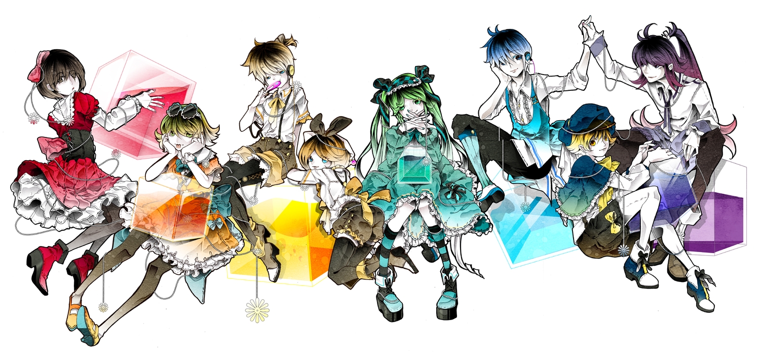 blonde_hair, blue_eyes, blue_hair, boots, bow, bridget00747, brown_eyes, brown_hair, dress, green_eyes, green_hair, group, gumi, hat, hatsune_miku, headdress, headphones, kagamine_len, kagamine_rin, kaito, kamui_gakupo, lolita_fashion, long_hair, male, meiko, oliver, pantyhose, ponytail, purple_hair, ribbons, short_hair, socks, thighhighs, twintails, vocaloid, yellow_eyes