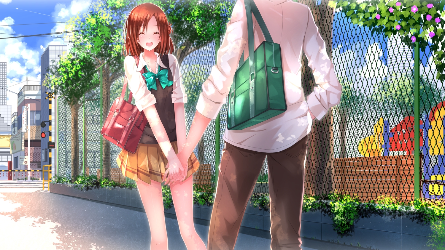 building, city, flowers, fujimiya_kaori, hase_yuuki, isshuukan_friends, ribbons, school_uniform, skirt, swordsouls, tree