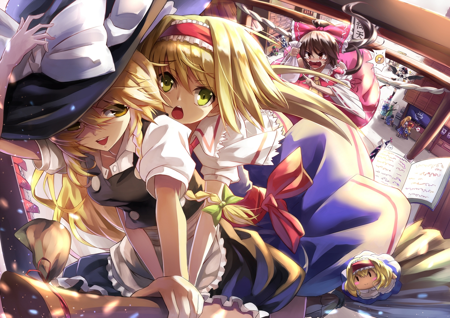 alice_margatroid, black_hair, blonde_hair, blush, book, bow, brown_eyes, brown_hair