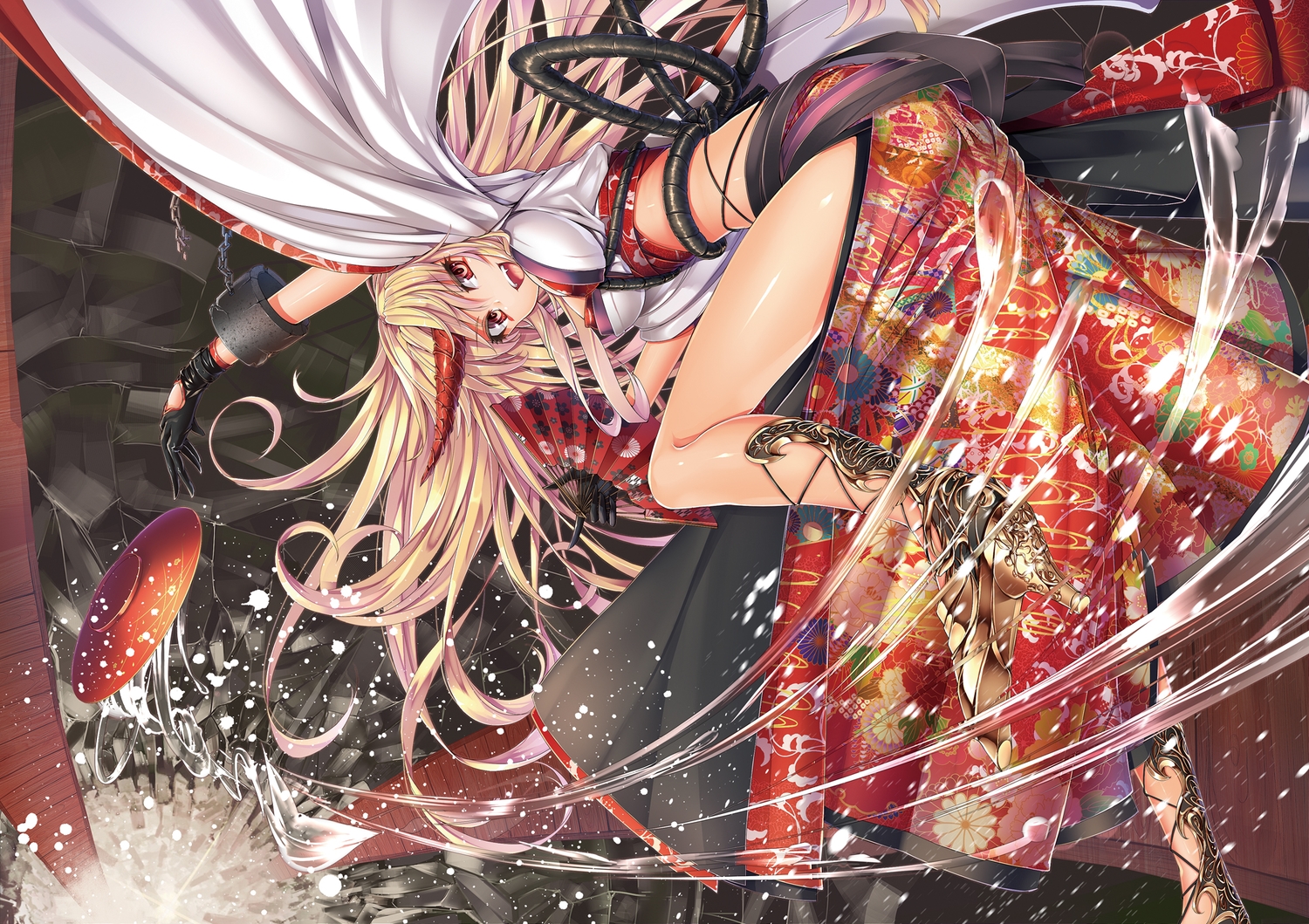 blonde_hair, chain, fan, fang, gloves, horns, hoshiguma_yuugi, kantarou_(nurumayutei)