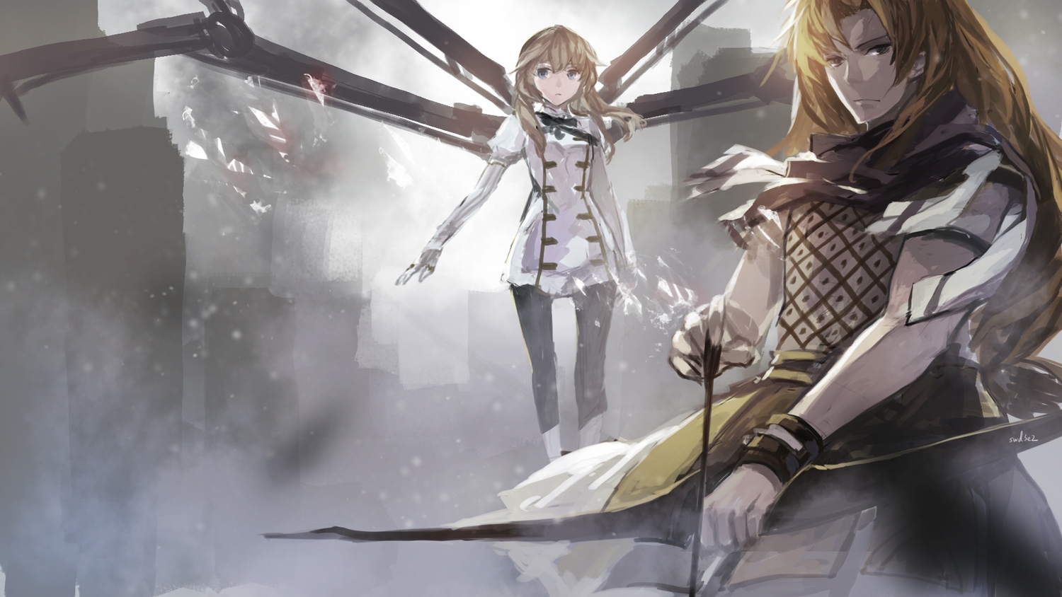 2girls, blonde_hair, bow_(weapon), brown_hair, chiron, fate/apocrypha, fate_(series), fiore_forvedge_yggdmillennia, long_hair, swd3e2, weapon, wristwear