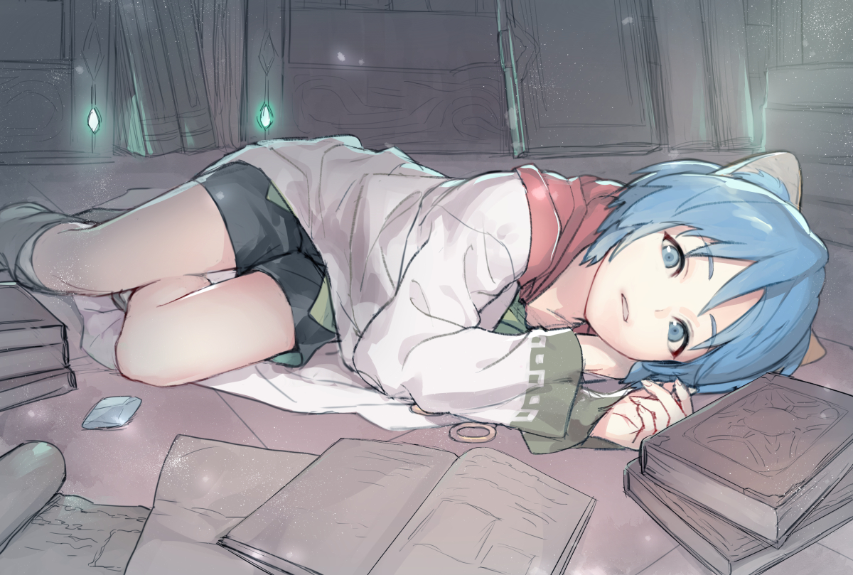 animal_ears, blue_eyes, blue_hair, book, ginka_sima, leon_ds_geeste, short_hair, shorts, star_ocean_2