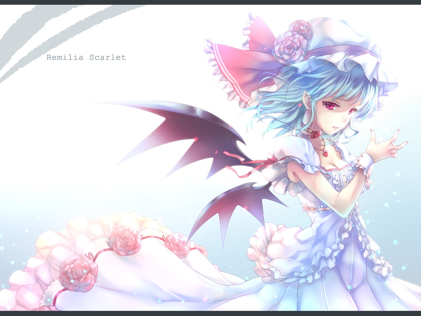 blue_hair, choker, dress, flowers, hat, maryquant, necklace, pointed_ears, red_eyes, remilia_scarlet, short_hair, touhou, vampire, wings, wristwear
