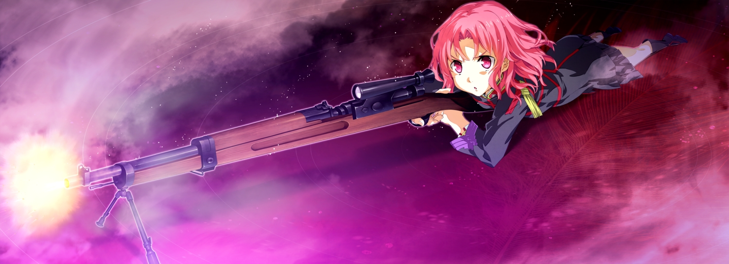 game_cg, gun, g_yuusuke, light, pink_eyes, pink_hair, short_hair, sousyu_sensinkan-gakuen_hachimyoujin