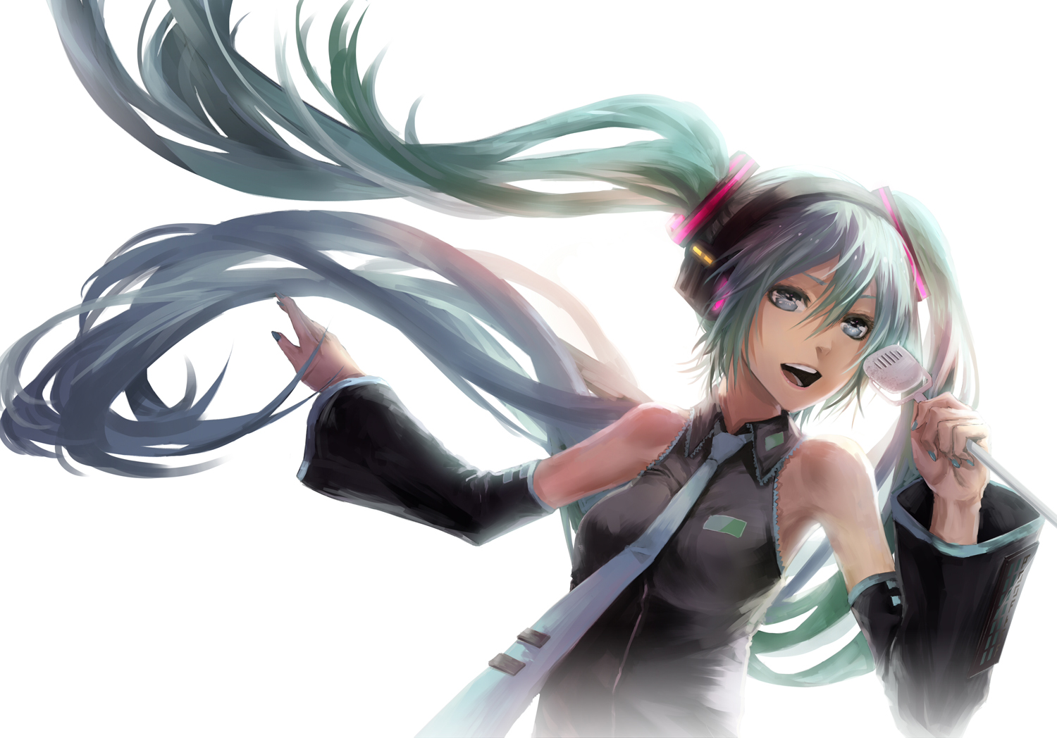 aqua_eyes, aqua_hair, hatsune_miku, long_hair, microphone, senghei_jerryu, tie, twintails