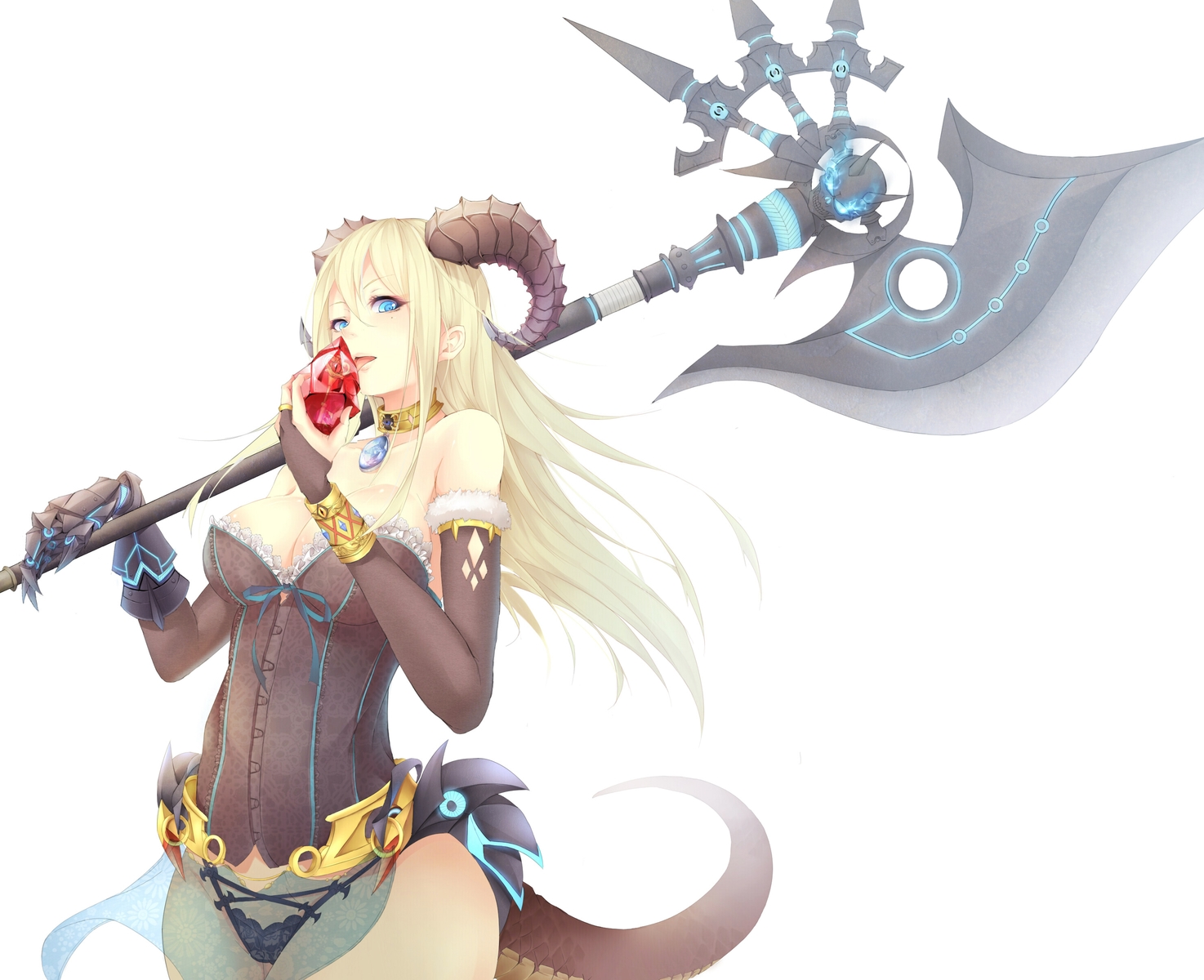 blonde_hair, blue_eyes, choker, elbow_gloves, gloves, horns, long_hair, original, panties, tail, underwear, weapon, yue_chi