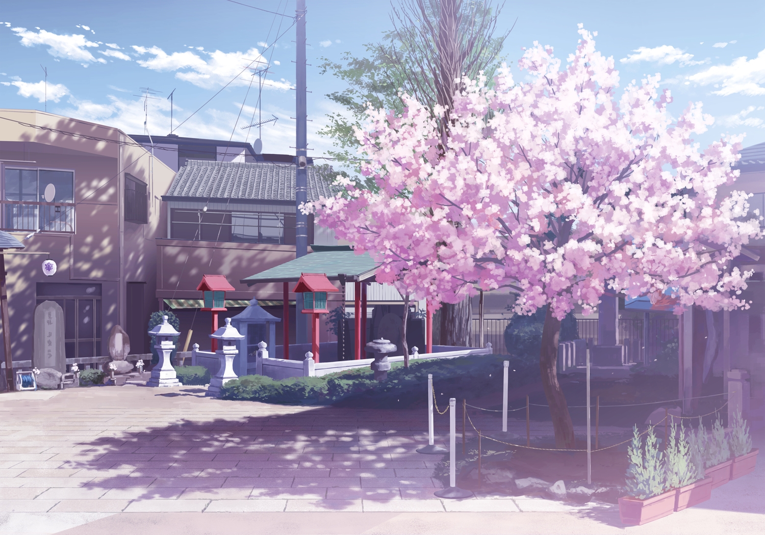 building, cherry_blossoms, flowers, isou_nagi, no_humans, original, scenic, tree