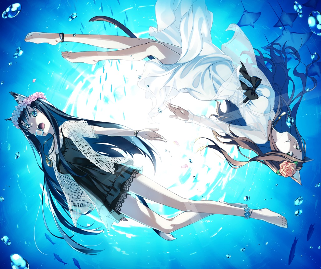 animal, animal_ears, barefoot, black_hair, blue_eyes, brown_hair, catgirl, fish