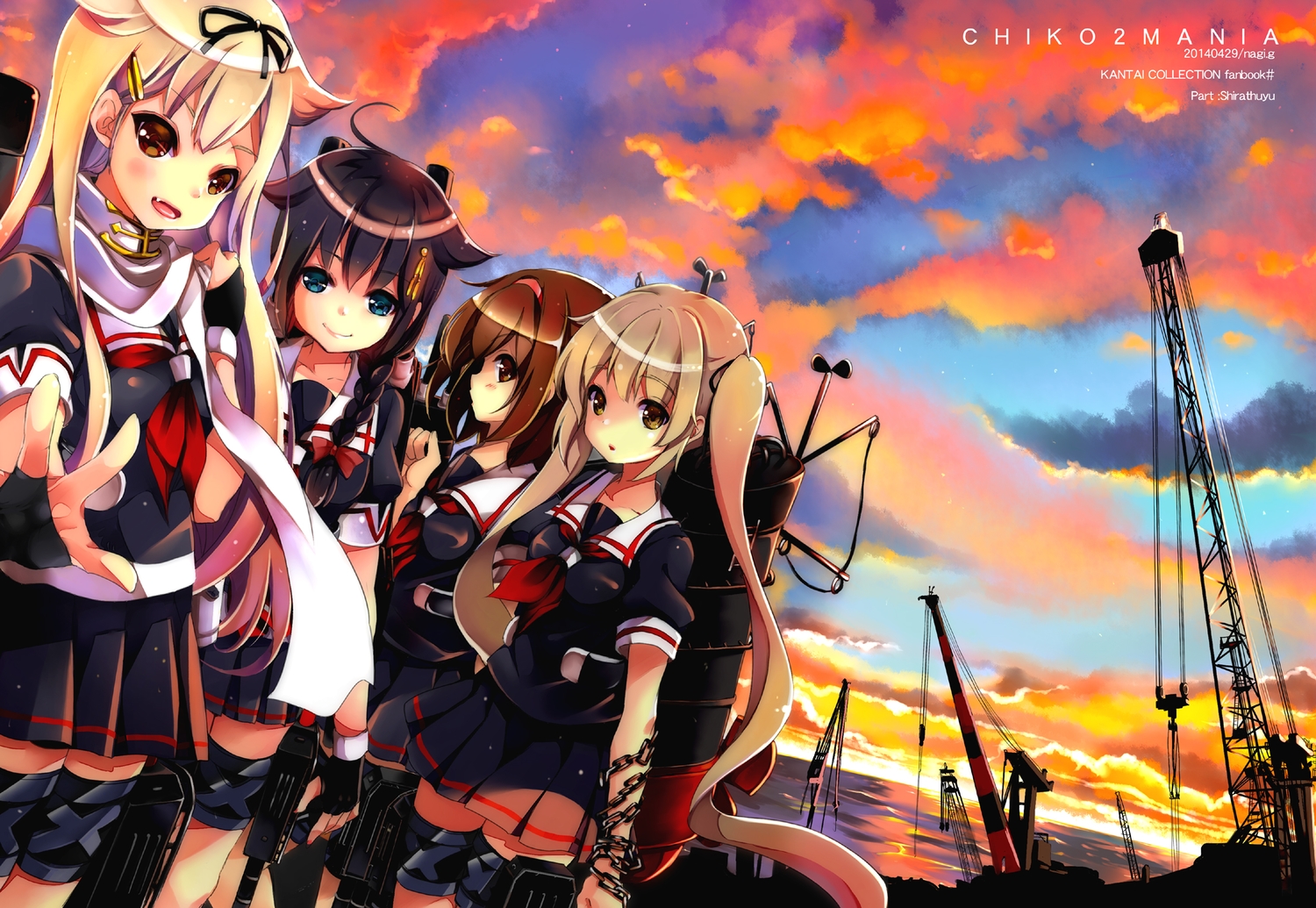 anthropomorphism, black_hair, blue_eyes, brown_eyes, brown_hair, clouds, gloves, gouda_nagi