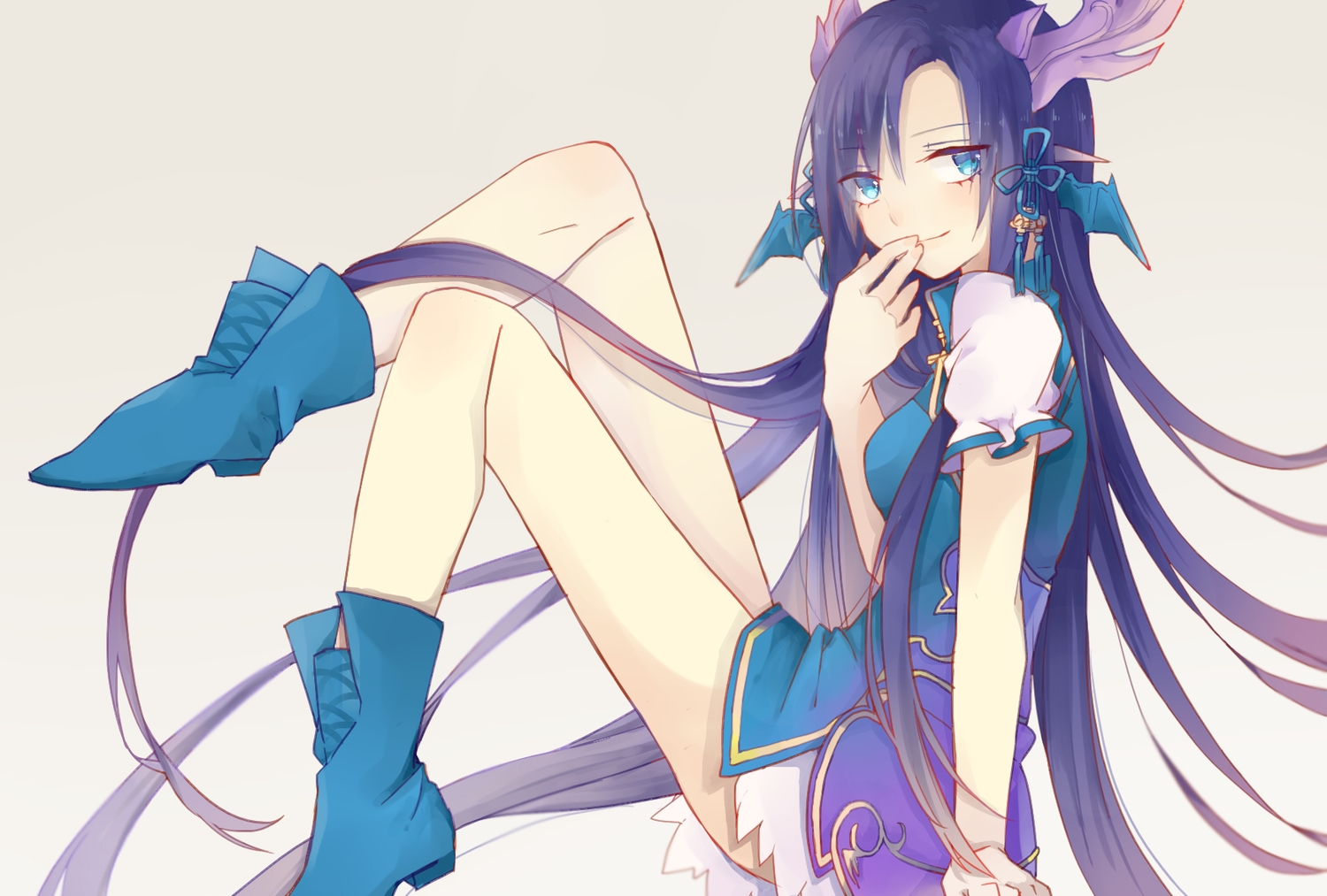 blue_eyes, blue_hair, boots, dress, hsiao, karin_(p&d), long_hair, puzzle_&_dragons