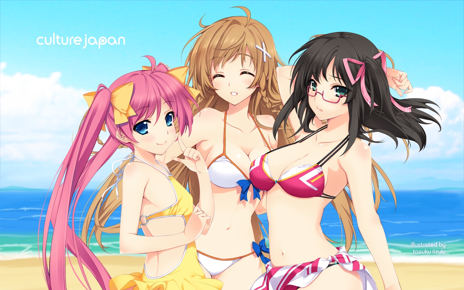 beach, bikini, bikini_top, black_hair, blue_eyes, breasts, brown_hair, cleavage