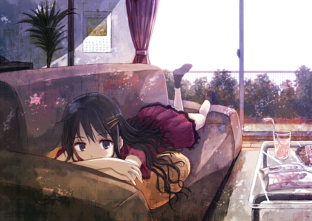 black_eyes, black_hair, dress, drink, long_hair, original, socks, yakka