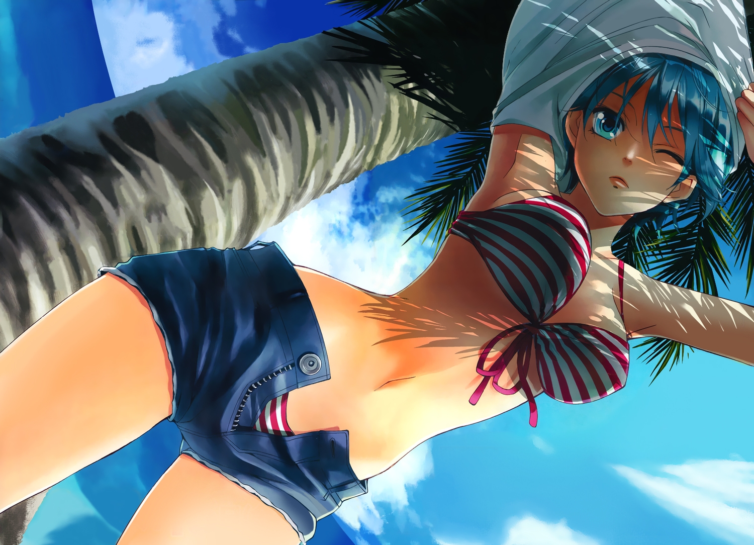 akitsuki_fuuka, bikini, breasts, cleavage, fuuka, seo_kouji, shorts, sky, swimsuit, tree, wink