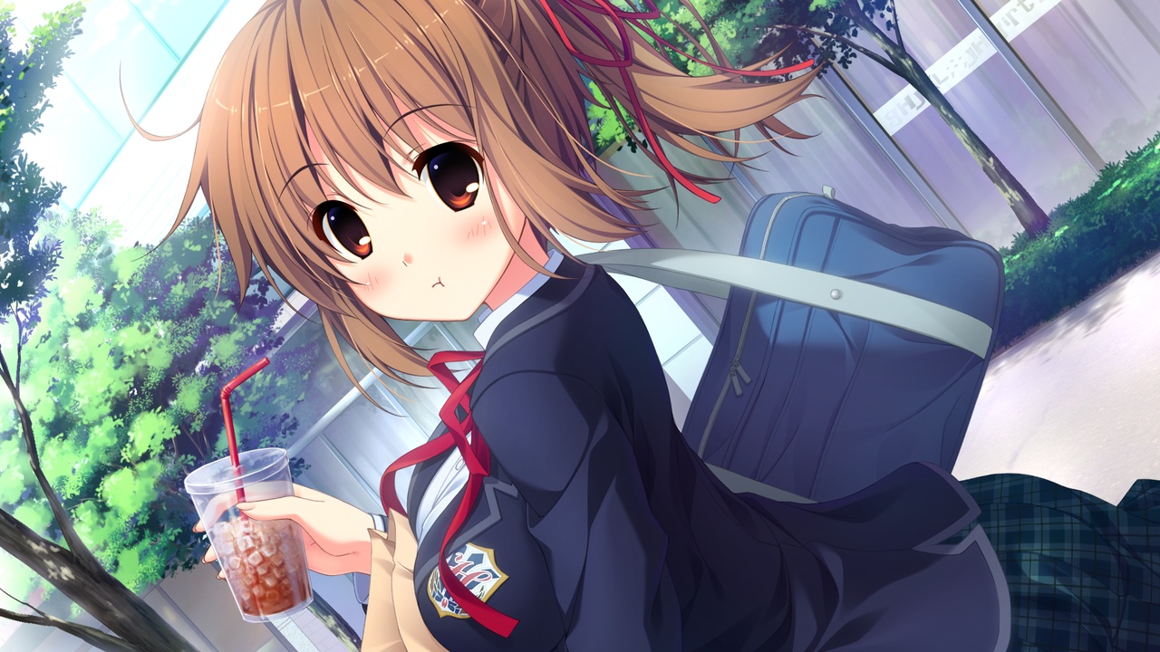 brown_eyes, brown_hair, drink, game_cg, ichinose_yui, love_sweets, moonstone, ribbons, sakurazaka_tsuchiyu, school_uniform, short_hair