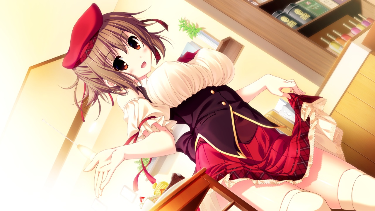 brown_eyes, brown_hair, game_cg, hat, ichinose_yui, love_sweets, moonstone, sakurazaka_tsuchiyu, thighhighs, uniform