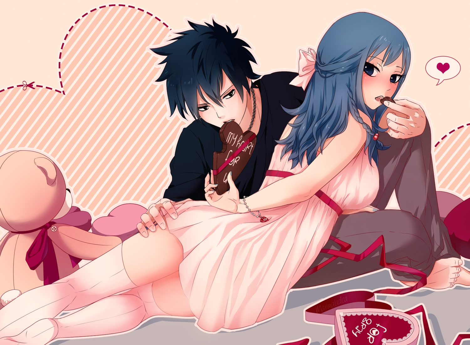 black_eyes, black_hair, blue_eyes, blue_hair, candy, chocolate, dress, fairy_tail, food, gray_fullbuster, juvia_loxar, male, marmalade_(elfless_vanilla), ribbons, teddy_bear, thighhighs