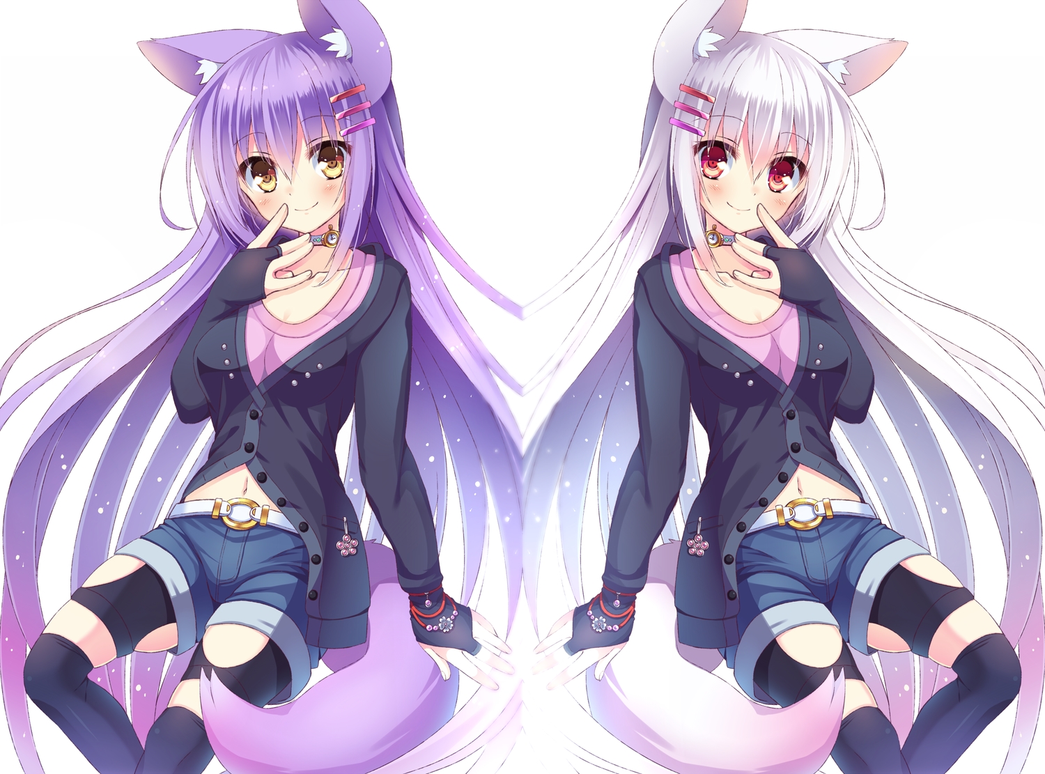 animal_ears, blush, foxgirl, kiyu_(kiyupapiko), long_hair, navel, original, purple_hair, red_eyes, thighhighs, white_hair, yellow_eyes