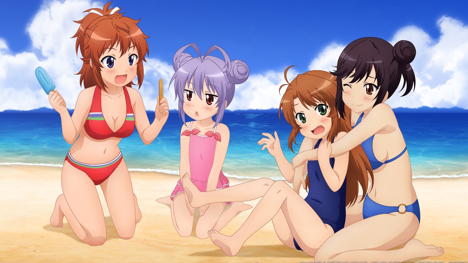beach, bikini, group, hug, ichijou_hotaru, koshigaya_komari, koshigaya_natsumi, loli