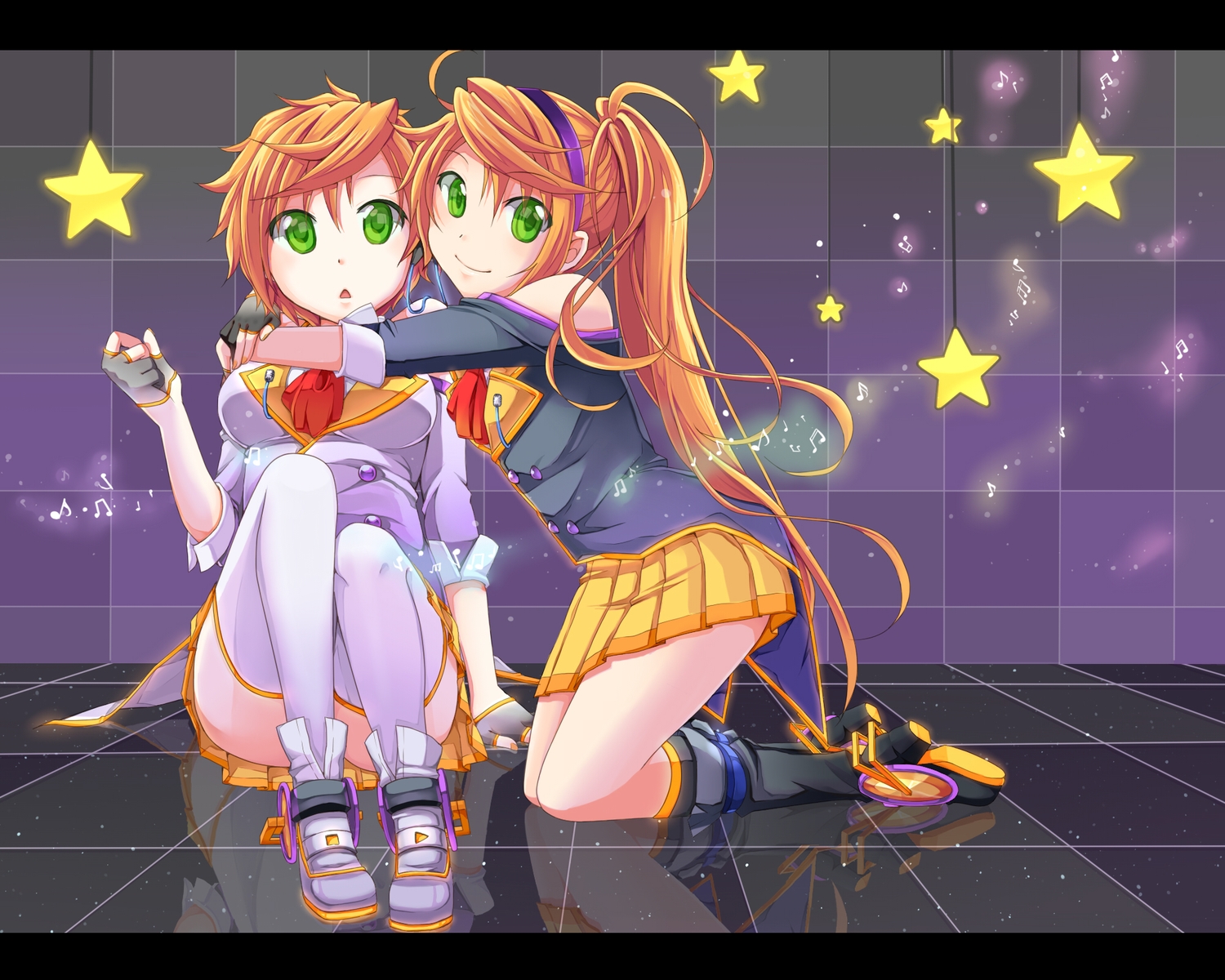 2girls, aira_(exp), anon_(vocaloid), boots, gloves, green_eyes, hug, kanon_(vocaloid), long_hair, orange_hair, ponytail, short_hair, skirt, thighhighs, twins, vocaloid