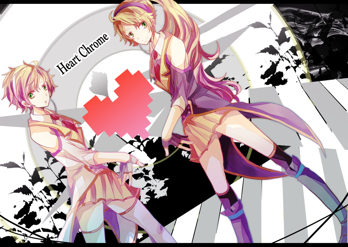 2girls, anon_(vocaloid), blonde_hair, gloves, green_eyes, kanon_(vocaloid), long_hair, ponytail