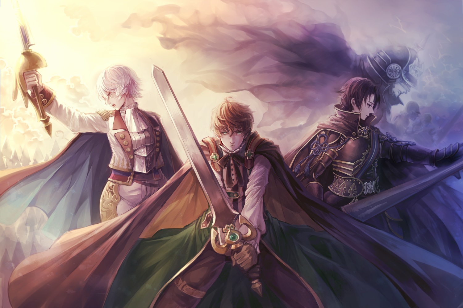 armor, black_hair, blonde_hair, cape, green_eyes, male, original, senano-yu
