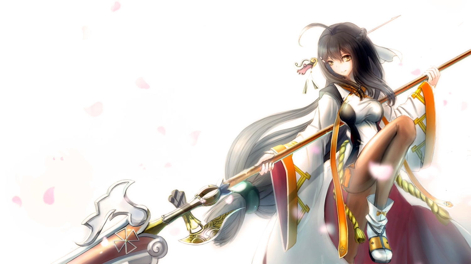 ara_haan, black_hair, dress, elsword, kikivi, long_hair, pantyhose, spear