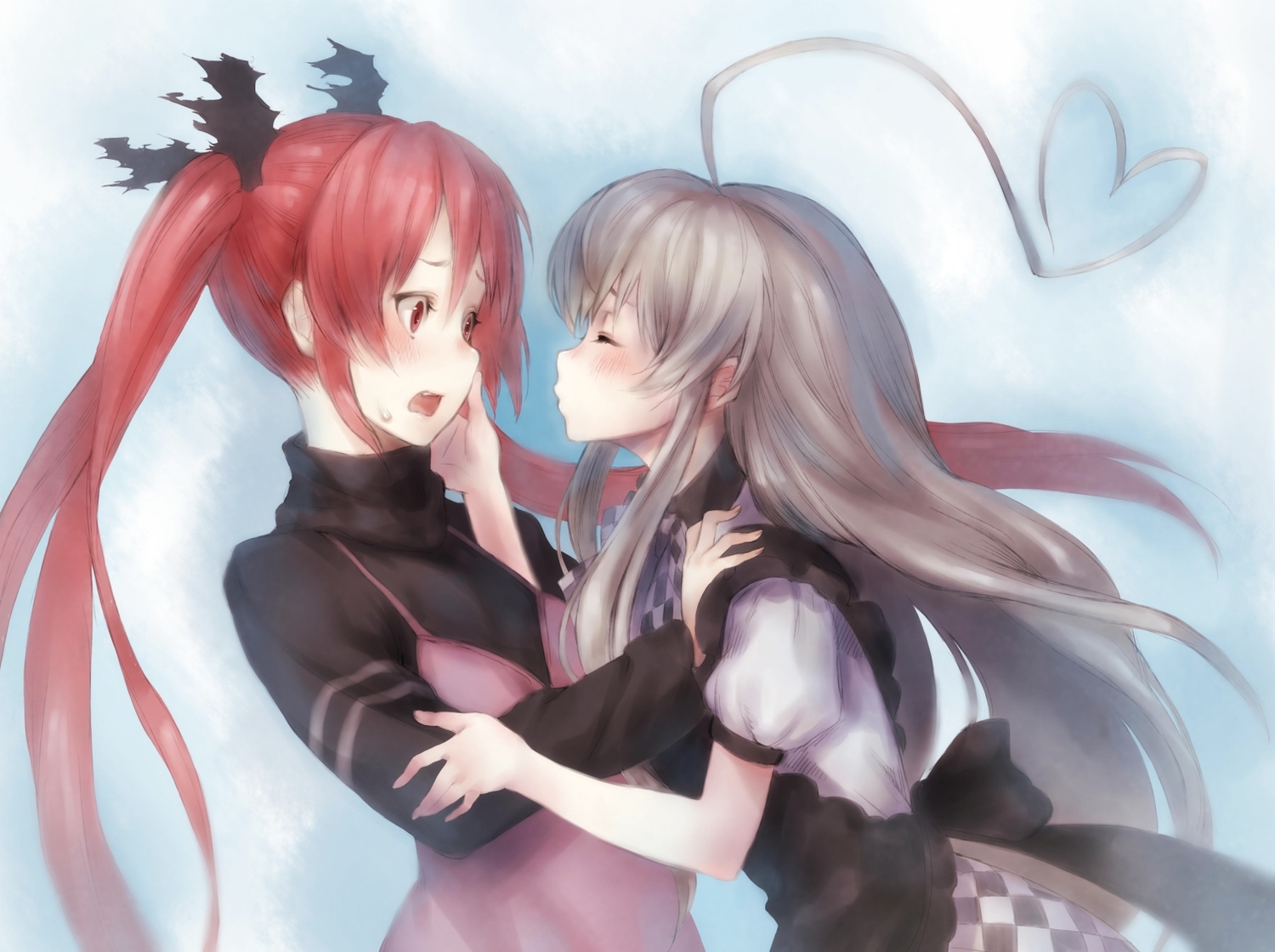 2girls, blush, gray_hair, haiyore!_nyaruko-san, hug, kuuko, kyol-2, long_hair