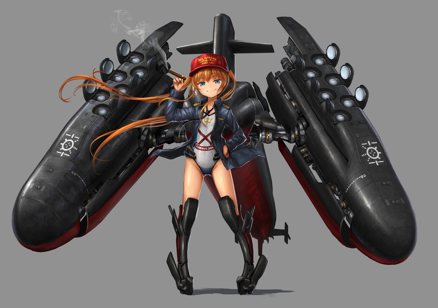 anthropomorphism, blue_eyes, hat, kantai_collection, long_hair, mechagirl, orange_hair, original, school_swimsuit, smoking, swimsuit, tie, tom-neko_(zamudo_akiyuki)