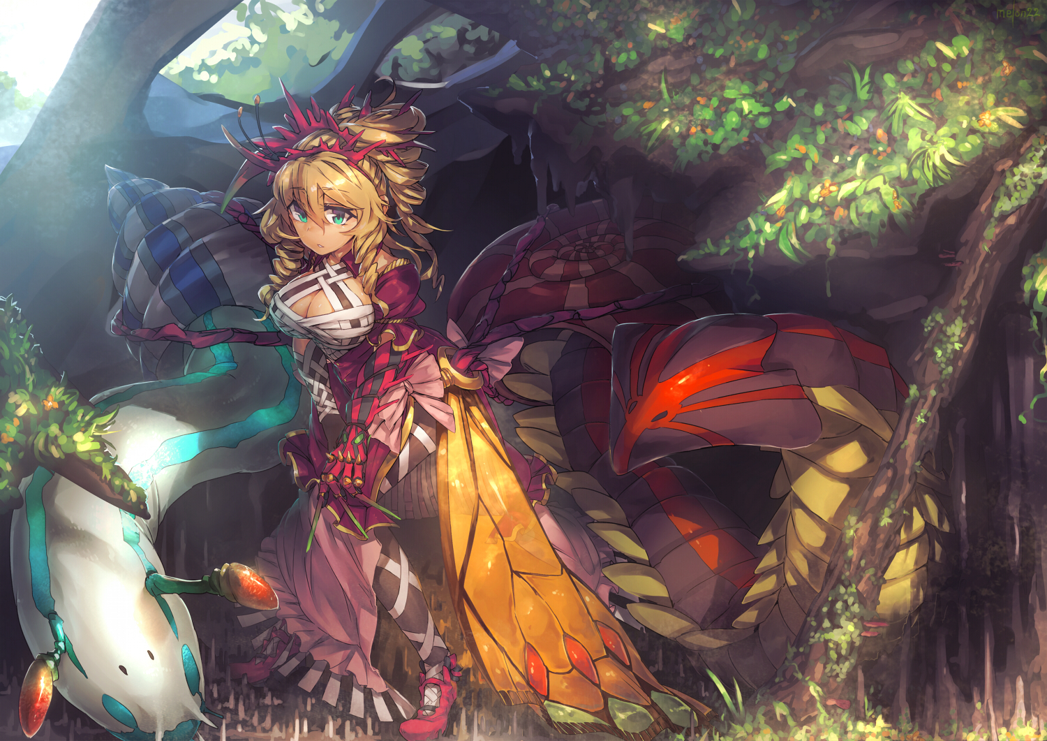 animal, aqua_eyes, armor, blonde_hair, breasts, cleavage, forest, long_hair, original, temmasa22, tree