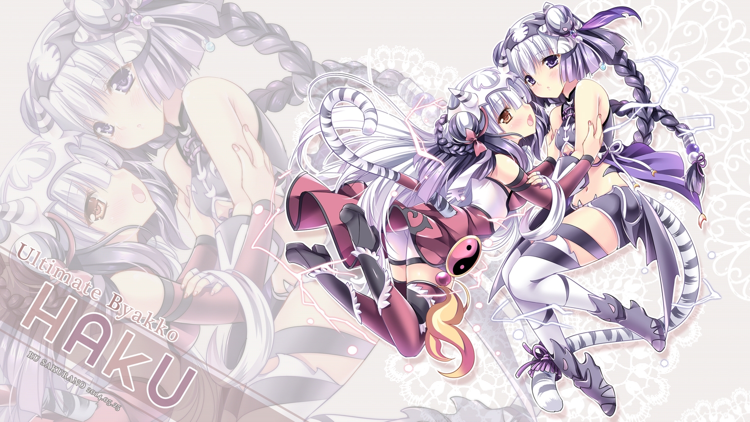 braids, brown_eyes, haku_(p&d), hat, headband, long_hair, purple_eyes, purple_hair