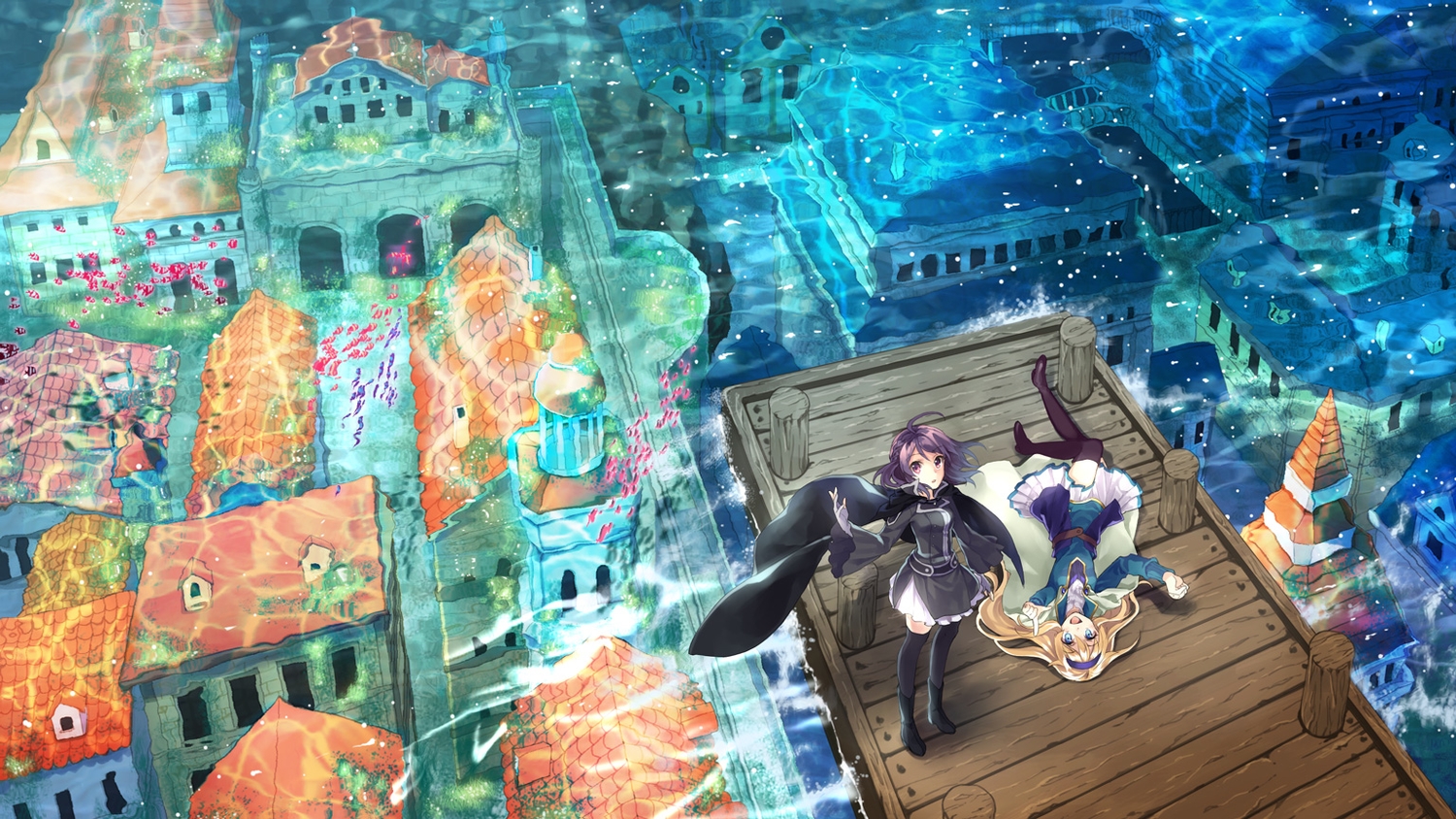 2girls, blonde_hair, blue_eyes, building, cape, dress, headband, konatsu_hare, original, purple_eyes, purple_hair, short_hair, thighhighs, underwear, water