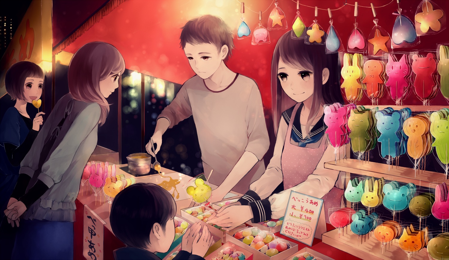 apron, black_hair, brown_eyes, brown_hair, festival, group, male, original, school_uniform, shibashino, short_hair