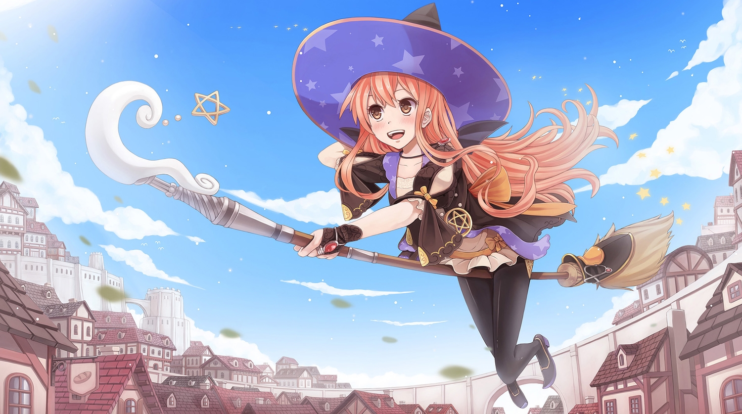 atelier_ayesha, brown_eyes, building, city, clouds, dress, hat, jpeg_artifacts, long_hair, necklace, orange_hair, pantyhose, sunimu, wilbell_voll_erslied, witch, witch_hat
