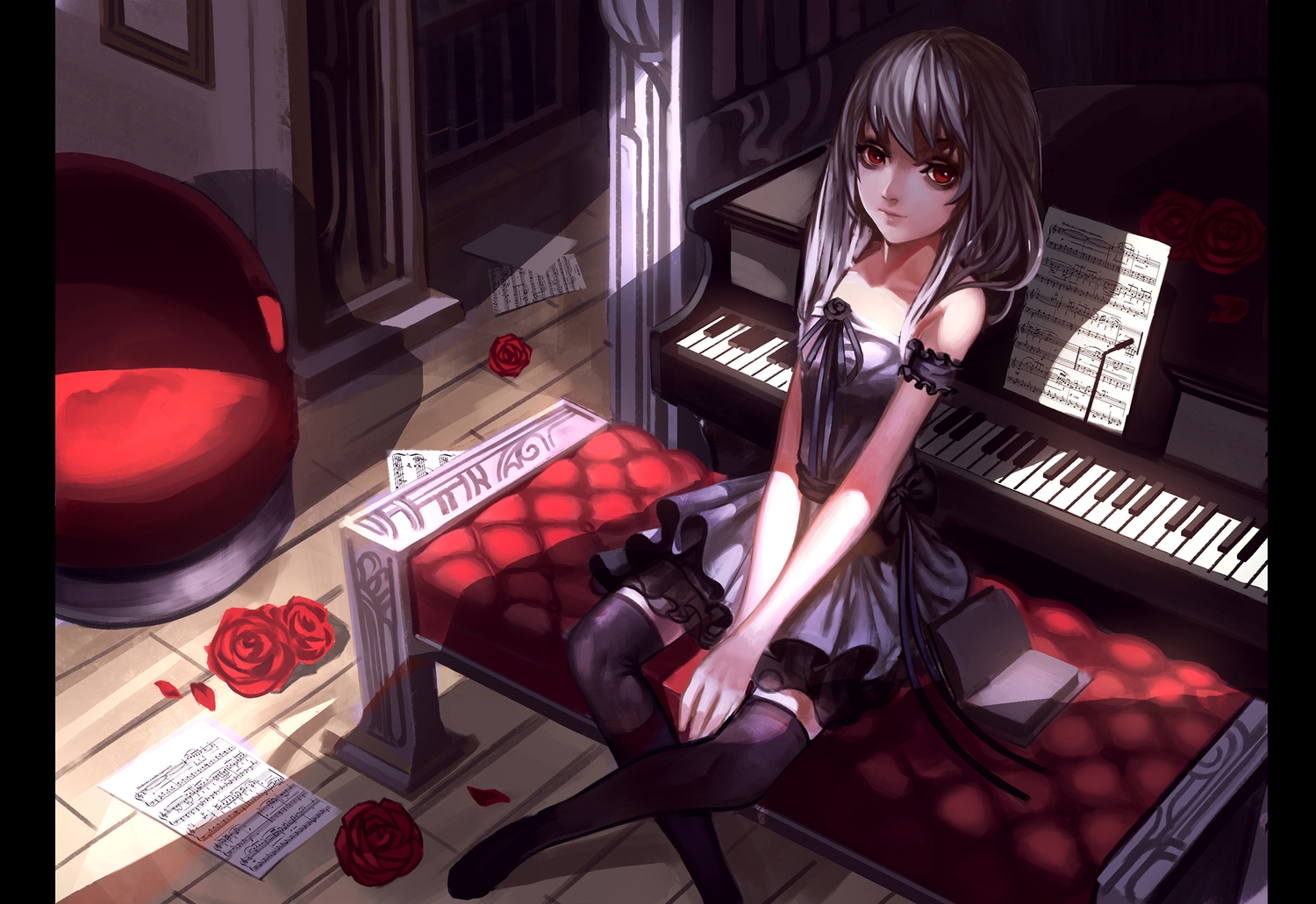 baka_(mh6516620), book, dress, gray_hair, instrument, long_hair, music, original, paper, piano, red_eyes, thighhighs