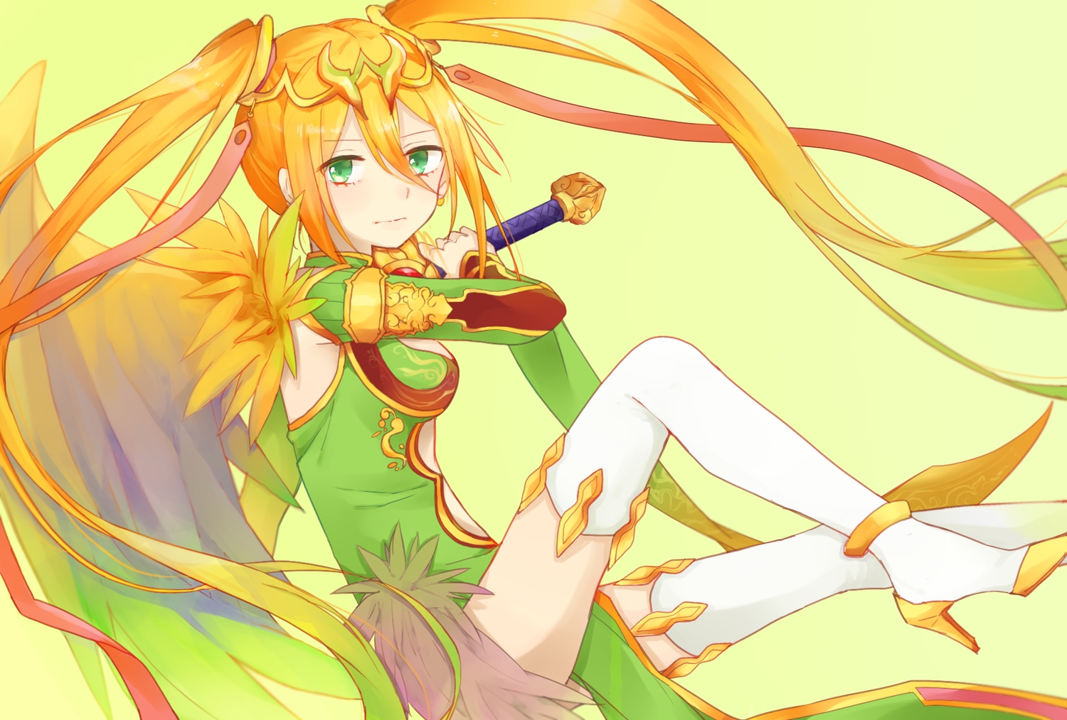 blonde_hair, chinese_clothes, chinese_dress, dress, green_eyes, hsiao, leilan_(p&d), puzzle_&_dragons