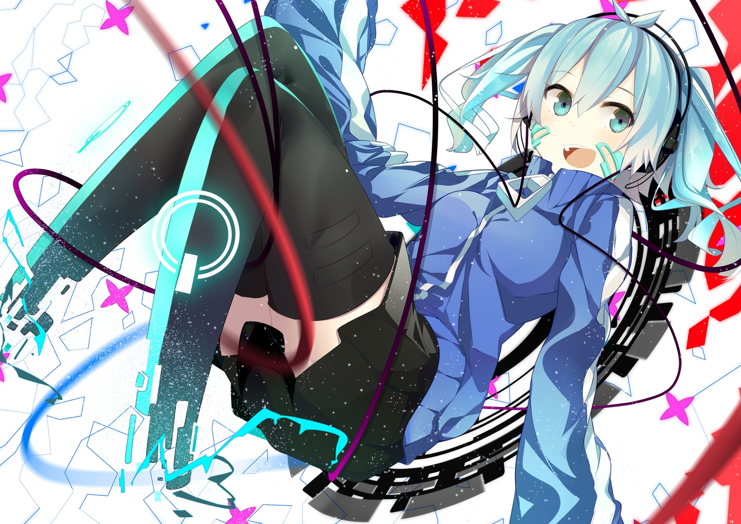 benio_(dontsugel), blue_eyes, blue_hair, ene_(kagerou_project), headphones, kagerou_project, short_hair, skirt, thighhighs, twintails