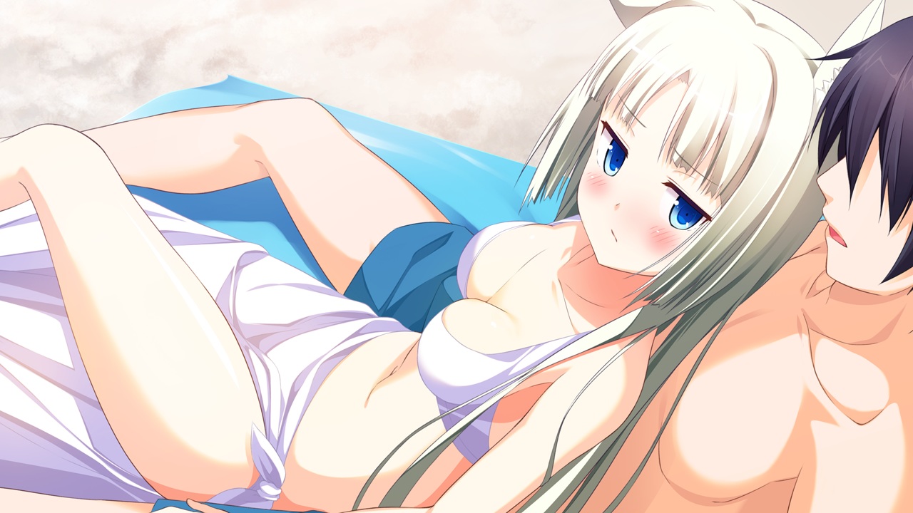 animal_ears, blue_eyes, blush, breasts, cleavage, endless_dungeon, game_cg, kinta_(distortion), long_hair, navel, rinse_whitecastle, swimsuit