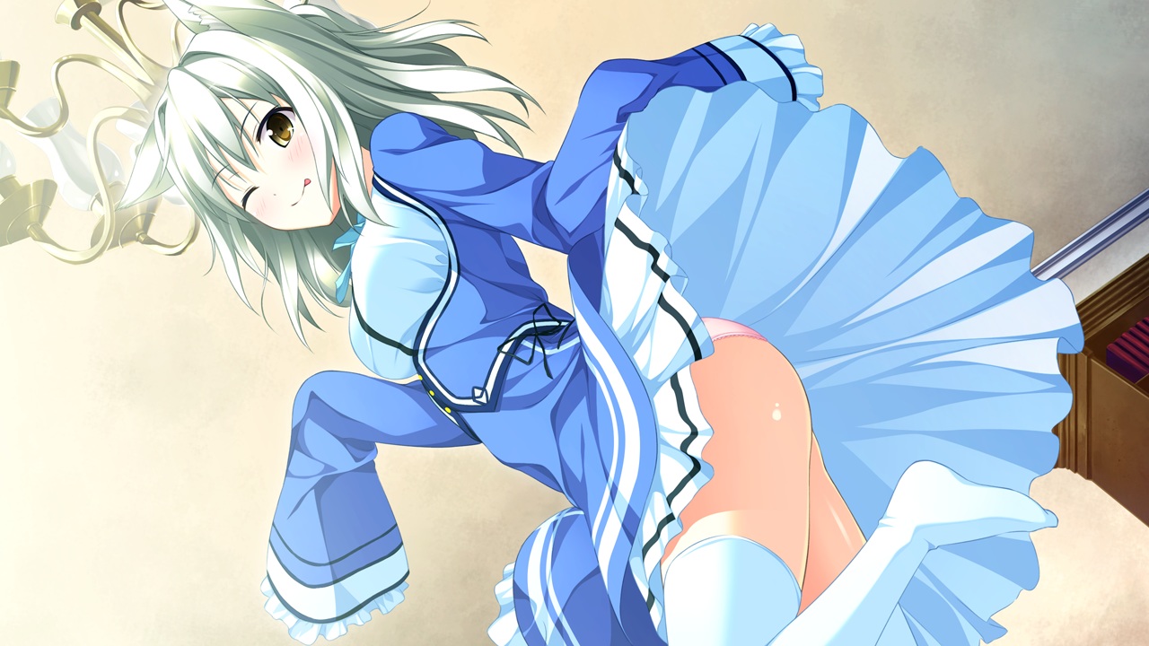 animal_ears, dress, endless_dungeon, game_cg, kinta_(distortion), niko_temple, panties, rosebleu, short_hair, thighhighs, underwear, wink, yellow_eyes