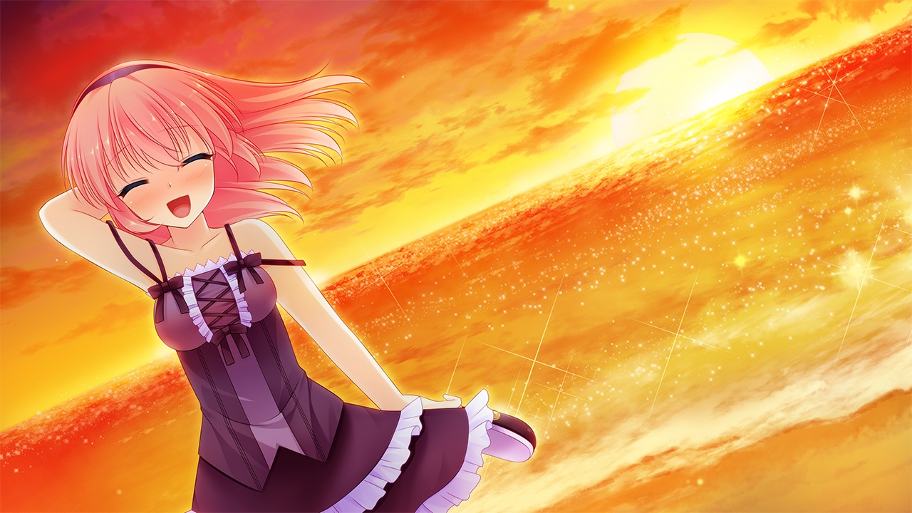 agekichi, amatsuka_suzuho, beach, game_cg, nounai_kanojo, pink_hair, ren'ai_made_sentakushi_hitotsu, sunset