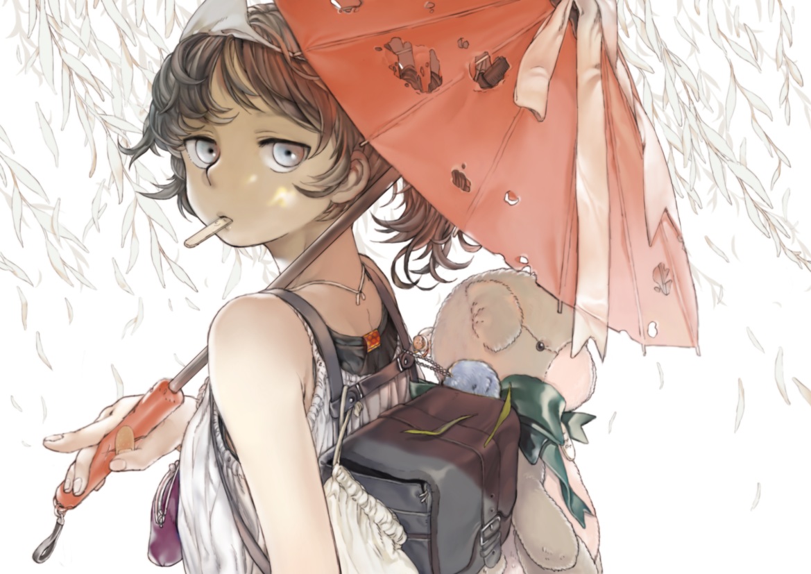 bandaid, brown_hair, gray_eyes, leaves, nadashima_gy, original, teddy_bear, umbrella