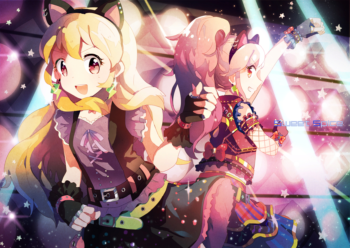 2girls, aikatsu!, animal_ears, blonde_hair, gloves, hoshimiya_ichigo, long_hair, mocha_(mokaapolka), otoshiro_seira, pink_hair, red_eyes