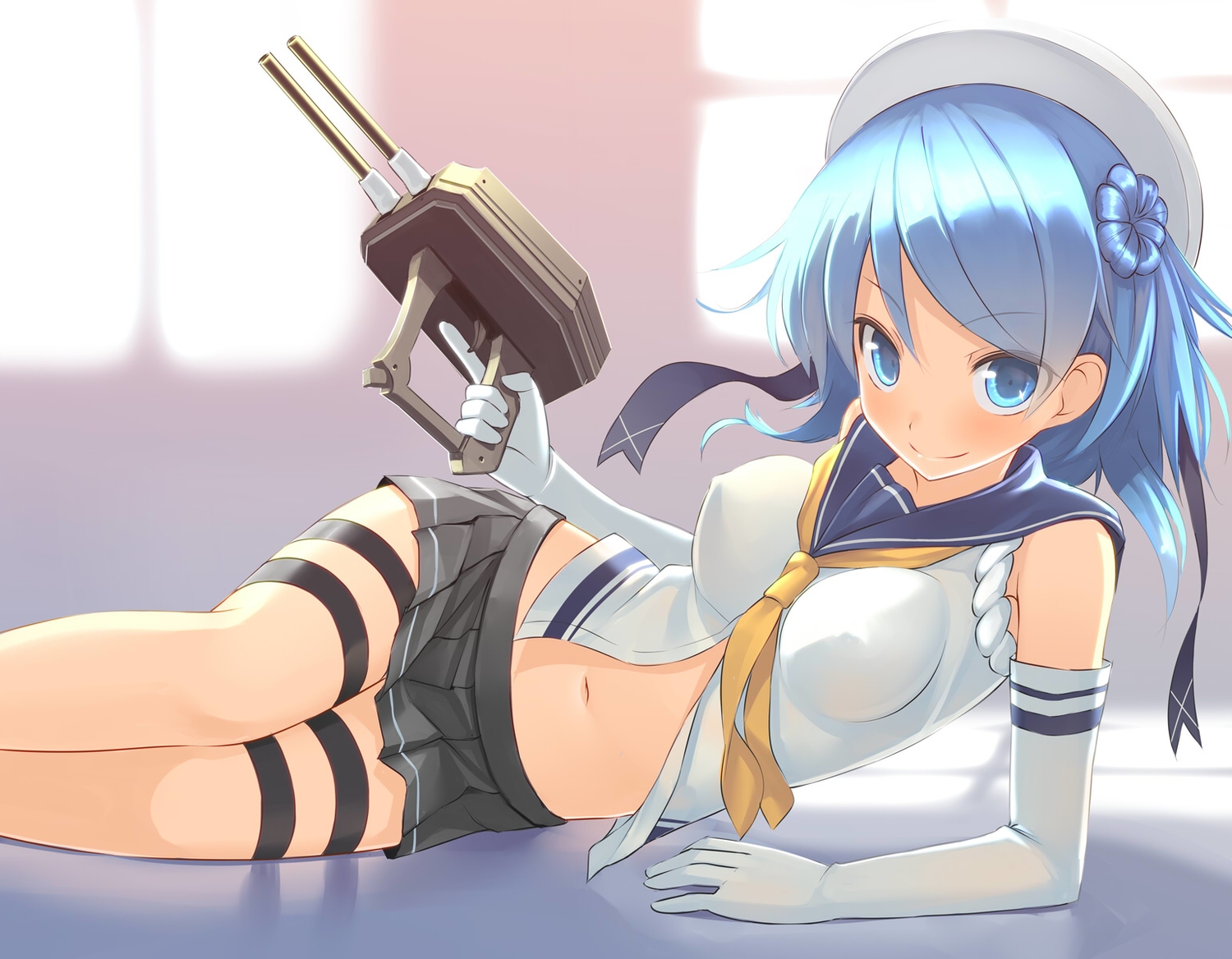 anthropomorphism, aqua_eyes, aqua_hair, elbow_gloves, erect_nipples, gloves, hat, kantai_collection, long_hair, navel, patricia_(shooooter5), school_uniform, skirt, urakaze_(kancolle)