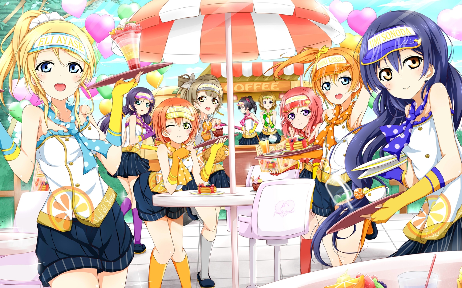 ayase_eri, food, hat, hoshizora_rin, karamoneeze, koizumi_hanayo, kousaka_honoka, love_live!_school_idol_project