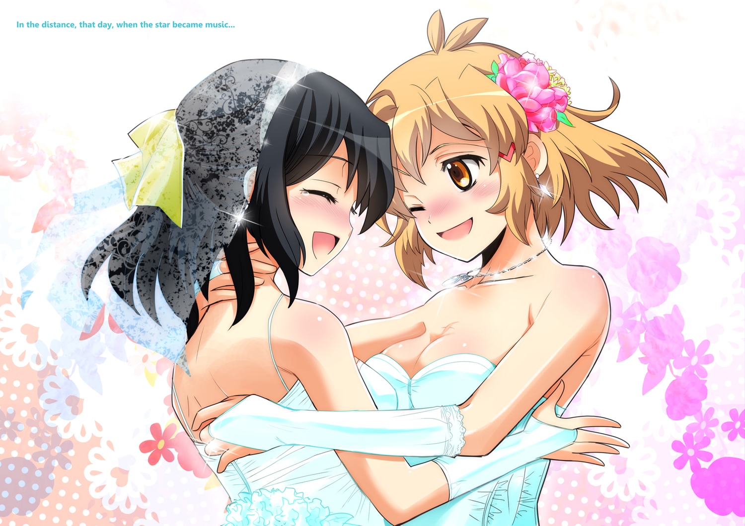 black_hair, blush, brown_hair, hinahime, hug, kohinata_miku, necklace, senki_zesshou_symphogear