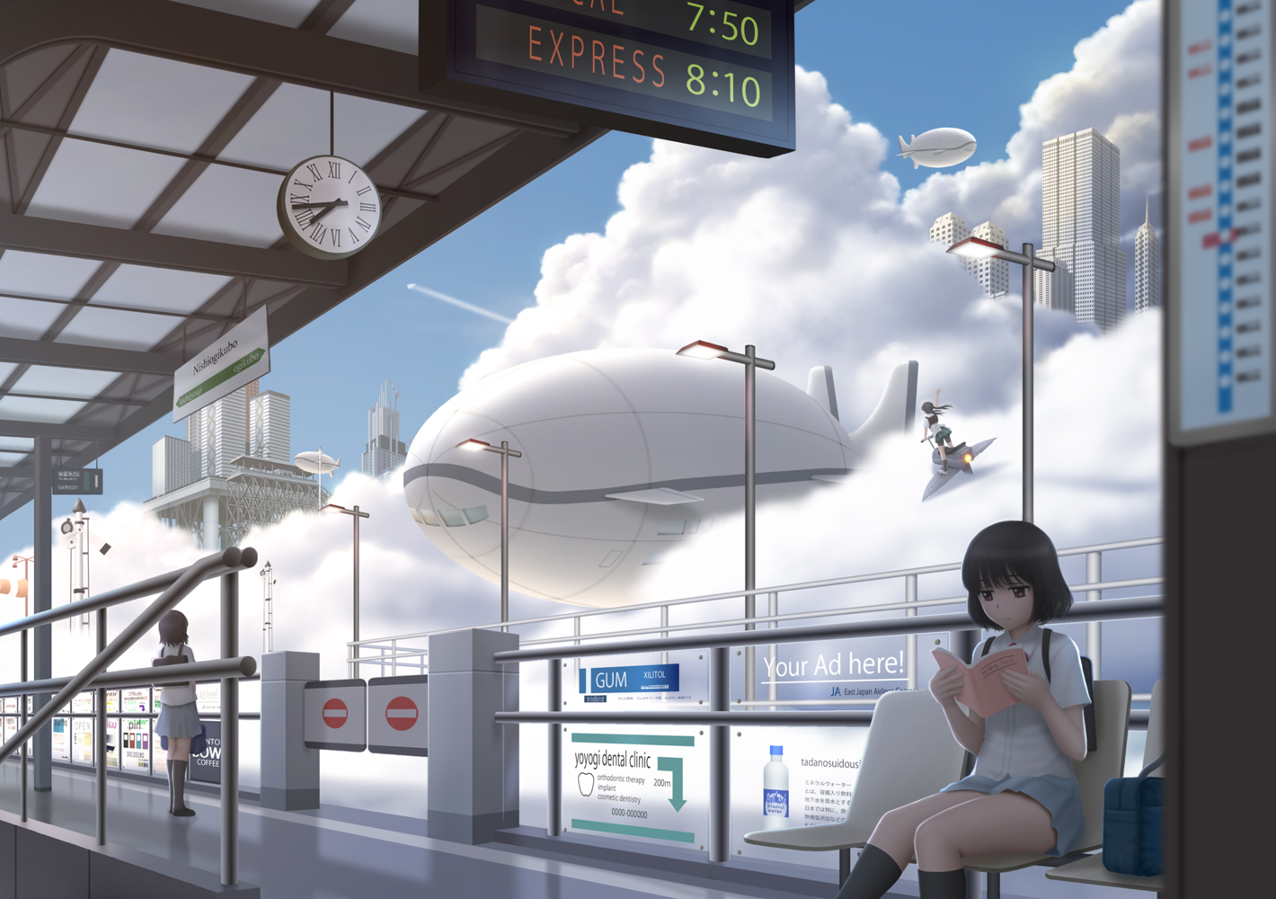 airship, black_hair, book, brown_eyes, building, clouds, kneehighs, original