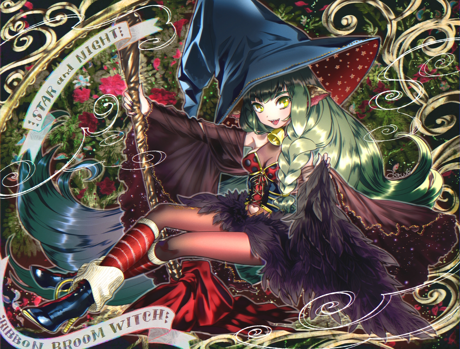 animal_ears, bell, boots, braids, green_eyes, green_hair, kneehighs, long_hair