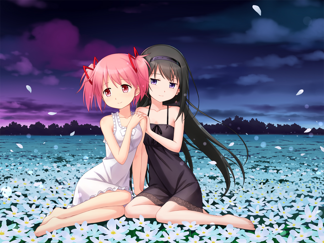 2girls, akemi_homura, barefoot, black_hair, clouds, dress, flowers, headband