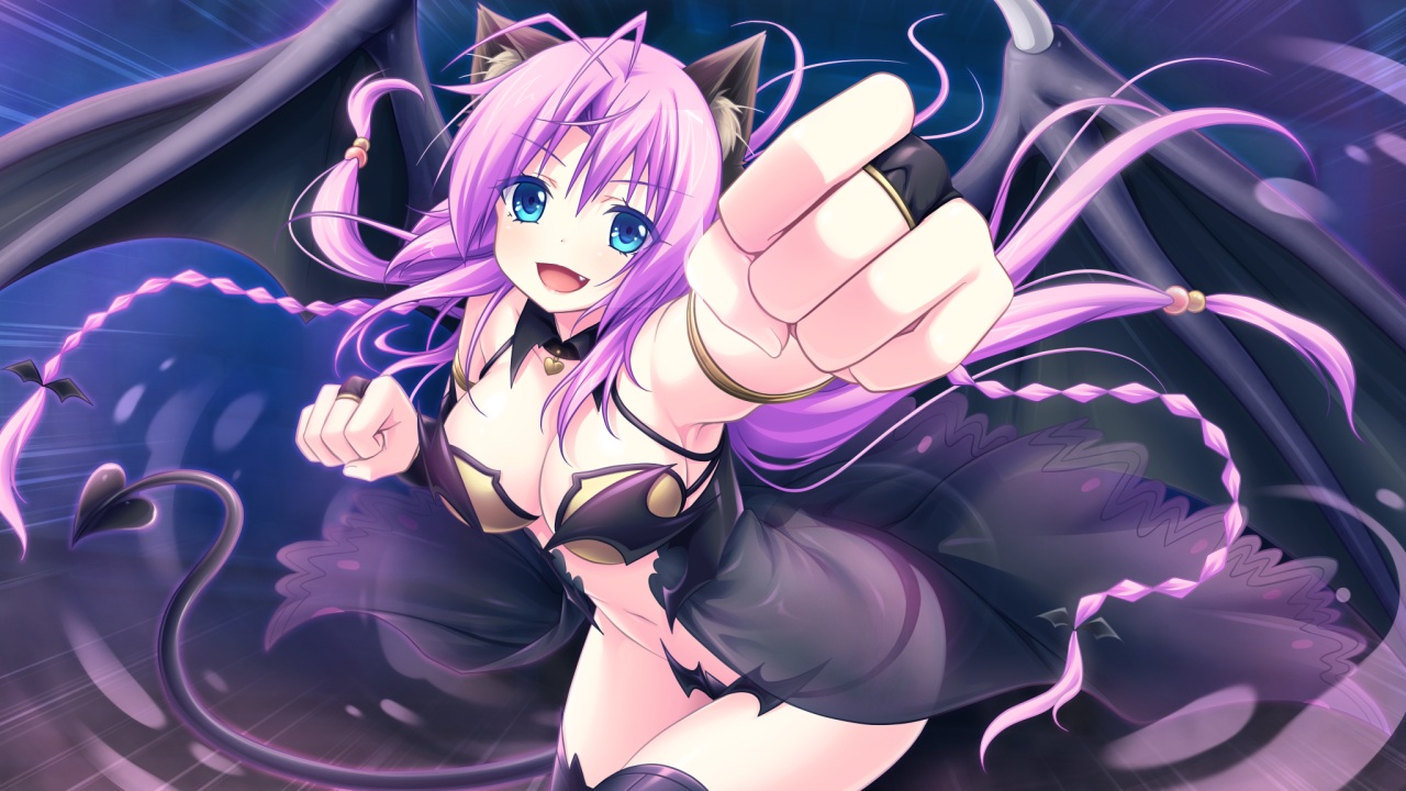 animal_ears, blue_eyes, breasts, cleavage, eushully, fang, game_cg, ikusa_megami, liliem, long_hair, navel, purple_hair