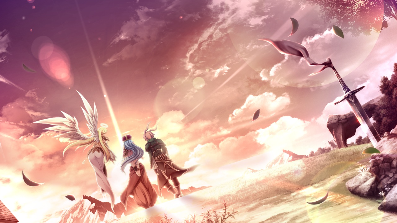 angel, blonde_hair, blue_hair, celica_sylphil, clouds, eushully, game_cg, halo, ikusa_megami, leaves, long_hair, male, moon, roka_luscort, sky, sunset, sword, weapon